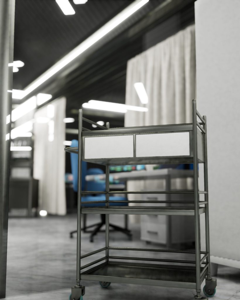 Sterile hospital lab with metal supply cart on wheels in organized clinical space. Advanced medical technology lab with with metallic sterile equipment storage, 3D render